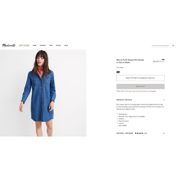 Madewell Denim Puff-Sleeve Shirtdress in Harris Wash Blue Size Small - Picture 13 of 13